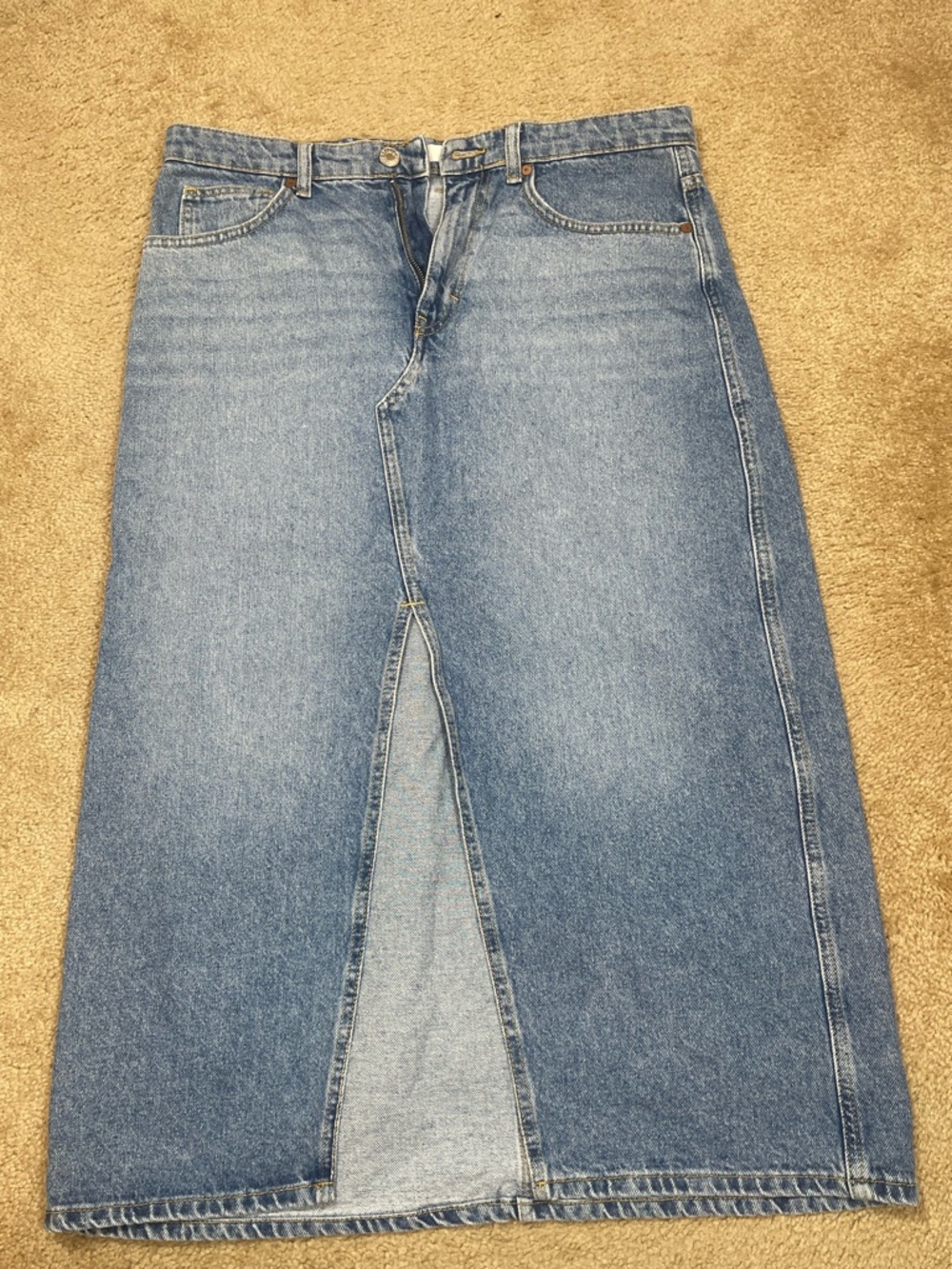 Women Mango Blue Denim Midi Skirt with Center Front Slit